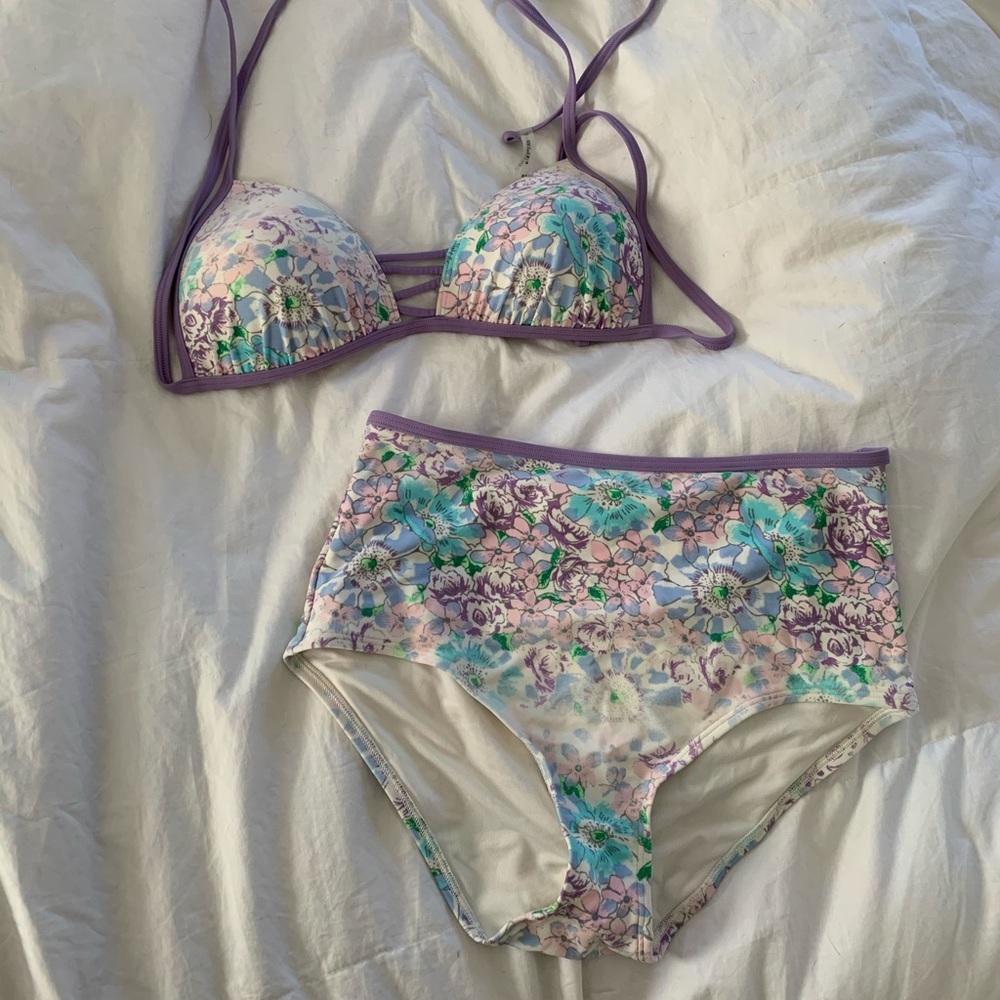 Aerie Purple Floral High Waist Bikini Set